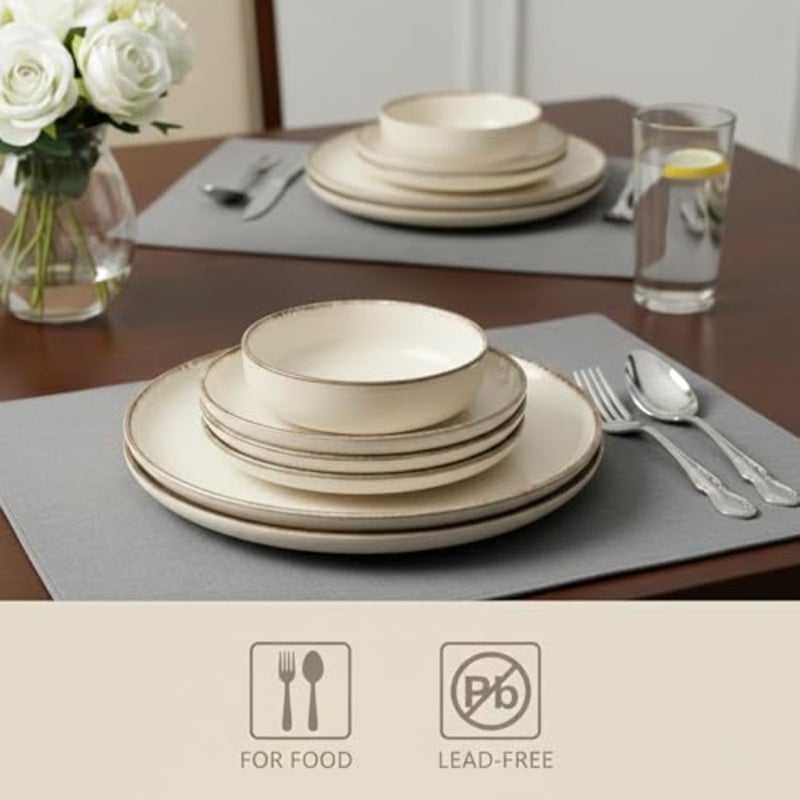طقم عشاء Shallow By Stoneware NIO مكون من 12 قطعة، طقم أواني طعام مرقطة باللون البيج مع أطباق ذات حافة بنية، طبق جانبي، طقم وعاء لـ 4 أشخاص أدوات مائدة قابلة للتكديس لتناول الطعام في المنزل الحديث - Image 2
