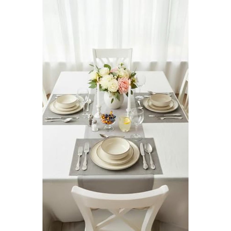 طقم عشاء Shallow By Stoneware NIO مكون من 12 قطعة، طقم أواني طعام مرقطة باللون البيج مع أطباق ذات حافة بنية، طبق جانبي، طقم وعاء لـ 4 أشخاص أدوات مائدة قابلة للتكديس لتناول الطعام في المنزل الحديث - Image 5