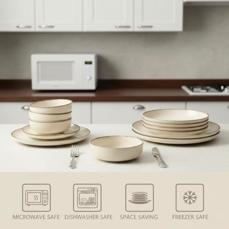 طقم عشاء Shallow By Stoneware NIO مكون من 12 قطعة، طقم أواني طعام مرقطة باللون البيج مع أطباق ذات حافة بنية، طبق جانبي، طقم وعاء لـ 4 أشخاص أدوات مائدة قابلة للتكديس لتناول الطعام في المنزل الحديث - Image 3