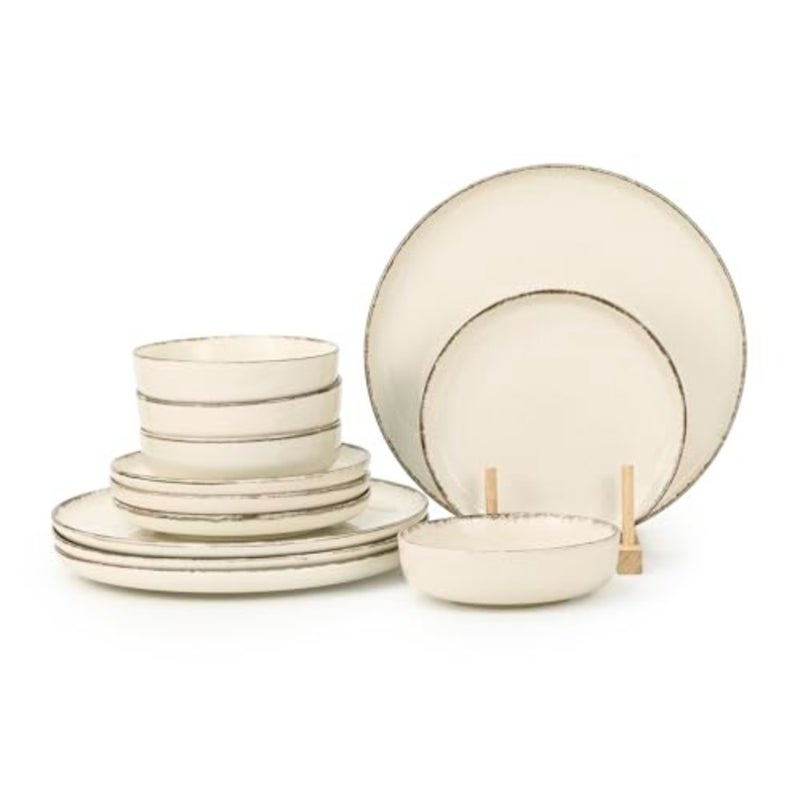 طقم عشاء Shallow By Stoneware NIO مكون من 12 قطعة، طقم أواني طعام مرقطة باللون البيج مع أطباق ذات حافة بنية، طبق جانبي، طقم وعاء لـ 4 أشخاص أدوات مائدة قابلة للتكديس لتناول الطعام في المنزل الحديث - Image 1