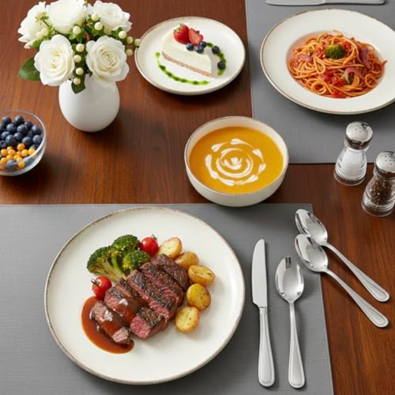 طقم عشاء Shallow By Stoneware NIO مكون من 12 قطعة، طقم أواني طعام مرقطة باللون البيج مع أطباق ذات حافة بنية، طبق جانبي، طقم وعاء لـ 4 أشخاص أدوات مائدة قابلة للتكديس لتناول الطعام في المنزل الحديث - Image 4