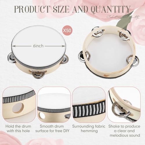 Lukmaa 50 Pcs 6 Inch Tambourine Bulk Drum for Adults Operation Christmas Bulk Items Hand Held Percussion Gift Wood Metal Jingles Musical Educational Drum Instrument for Church Wedding Charity Party - Image 2
