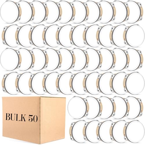 Lukmaa 50 Pcs 6 Inch Tambourine Bulk Drum for Adults Operation Christmas Bulk Items Hand Held Percussion Gift Wood Metal Jingles Musical Educational Drum Instrument for Church Wedding Charity Party - Image 1