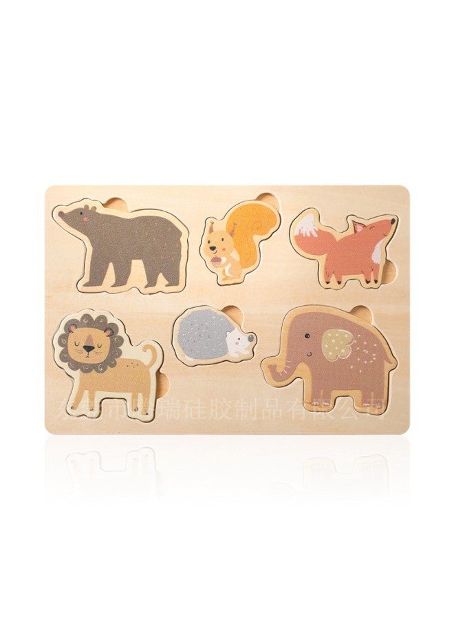 Food Grade Silicone Educational Toys Early Learning Shape Recognition Puzzle Children Wooden 3D Assembly Board Baby Fun Playset-Color:Animal Puzzle - Image 1