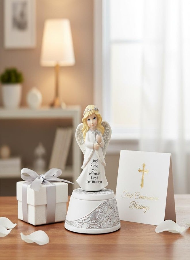 Comfy Hour صندوق تذكاري على شكل تمثال ملاك من كومفي آور، مخصص للمناولة الأولى، مع قلادة صليب، وصلاة مسيحية كاثوليكية مع كأس، وتمثال ديني مصنوع يدويًا من الراتنج للمعمودية والمناولة المقدسة. - Image 5