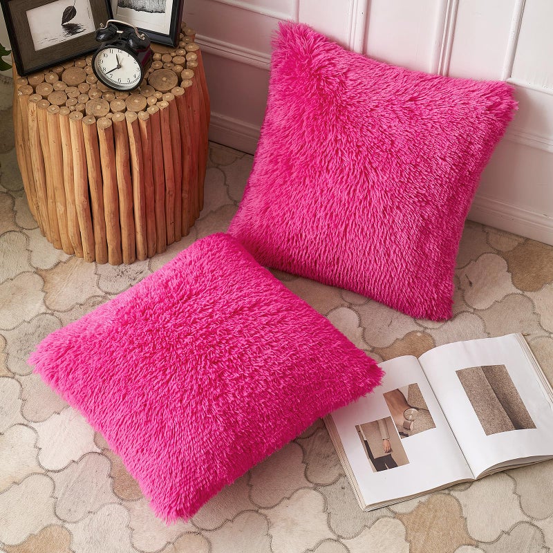 ANRODUO Pack of 2 Hot Pink Throw Pillow Covers Luxury Fluffy Pillows Faux Fur Decorative Pillows Plush Cushion Case Fuzzy Mongolian Merin Style for Bed Couch Sofa Living Room Spring Decor 18x18 Inch - Image 2
