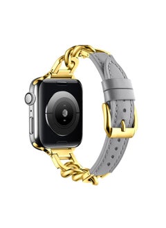 Replacement Strap For Apple Watch 42mm Chain Genuine Leather Watch Band, Size: S Gold Grey
