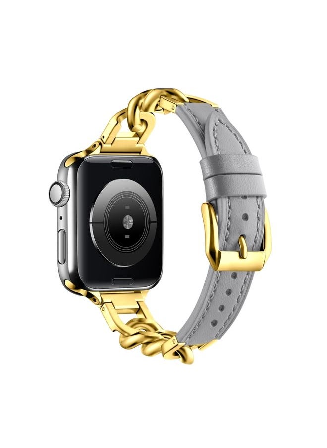 Generic - Replacement Strap For Apple Watch 42mm Chain Genuine Leather Watch Band, Size: S Gold Grey - Image 1