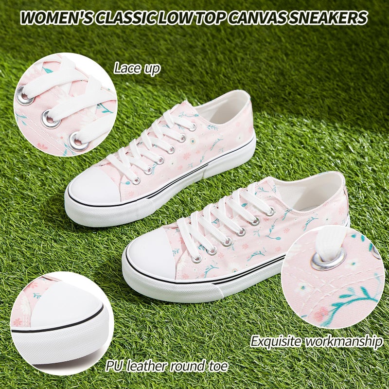 Adokoo Canvas Tennis Shoes for Women Low Top Casual White Pink Flower Sneakers for Women Lace Up Fashion Comfortable Walking Shoes (Pink Flower,6) - Image 5