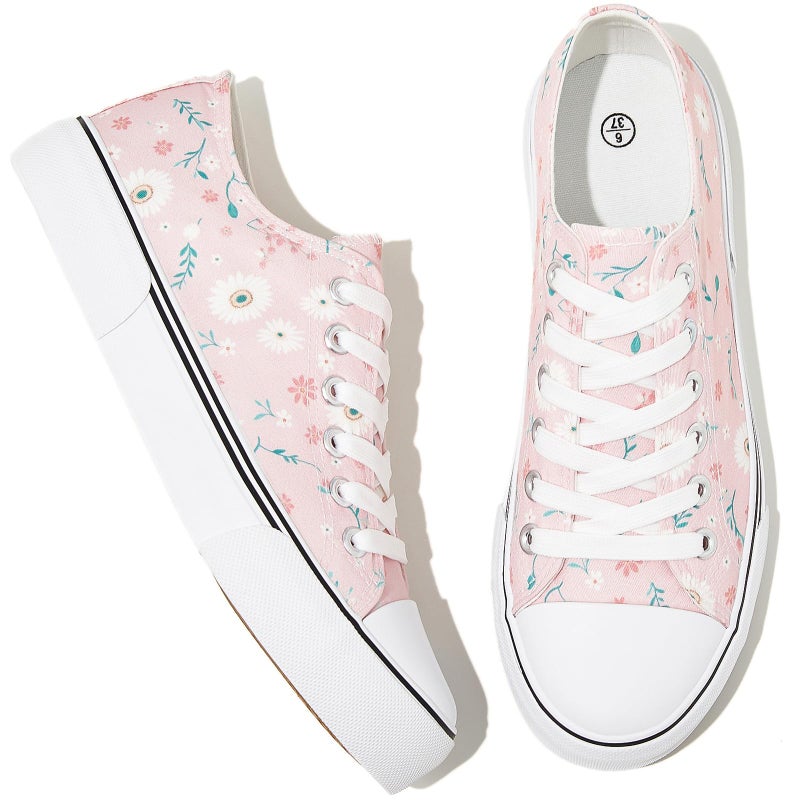 Adokoo Canvas Tennis Shoes for Women Low Top Casual White Pink Flower Sneakers for Women Lace Up Fashion Comfortable Walking Shoes (Pink Flower,6) - Image 1