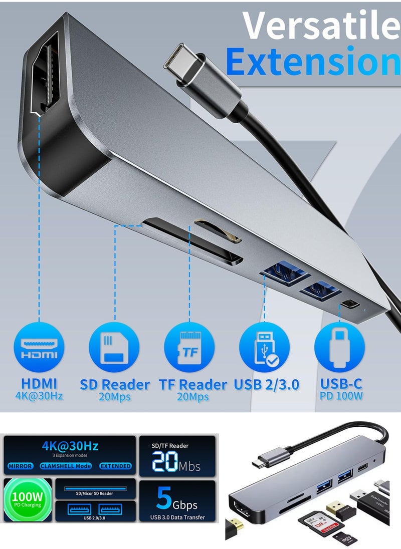 أيمارس 6 في 1 موزع USB C متعدد المنافذ من النوع C Dock إلى محول HDMI مع فتحات قارئ بطاقات HDMI SDF 4K HDMI TF 3 منافذ USB 3.0 لمك بوك اير M3 M3 M2 M1 iPad Pro M4 iPhone 16 15 Pro Max Galaxy S24 S23 Ultra Silver  - Image 1