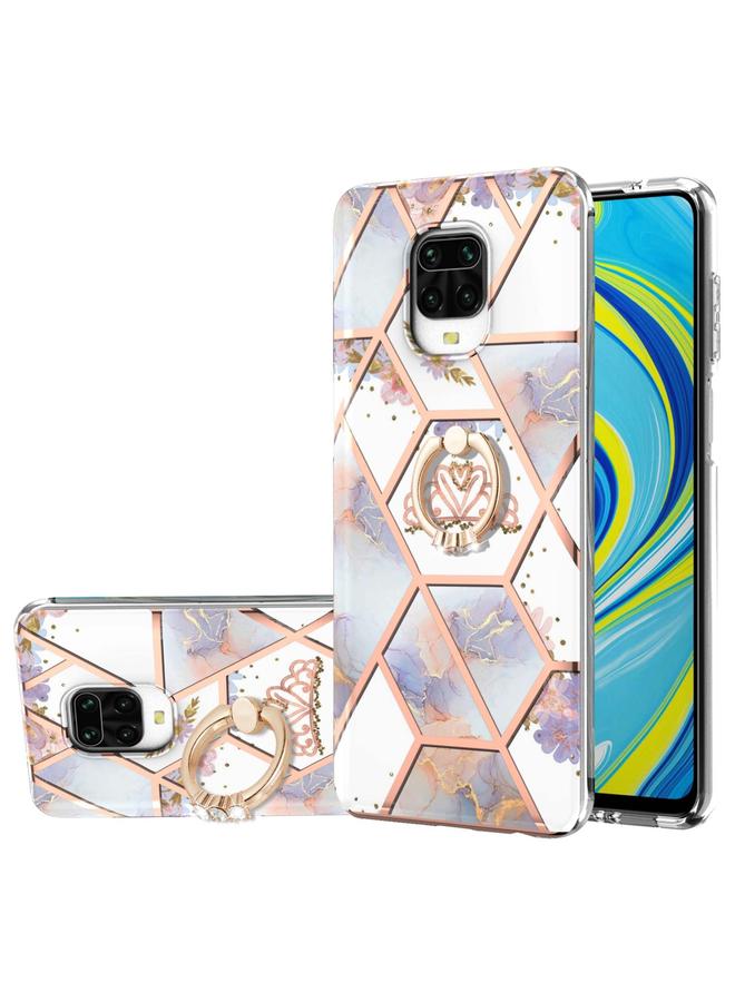 The Bros or Xiaomi Redmi Note 9S / Redmi Note 9 Pro / Redmi Note 9 Pro Max Electroplating Splicing Marble Flower Pattern TPU Shockproof Case with Rhinestone Ring Holder