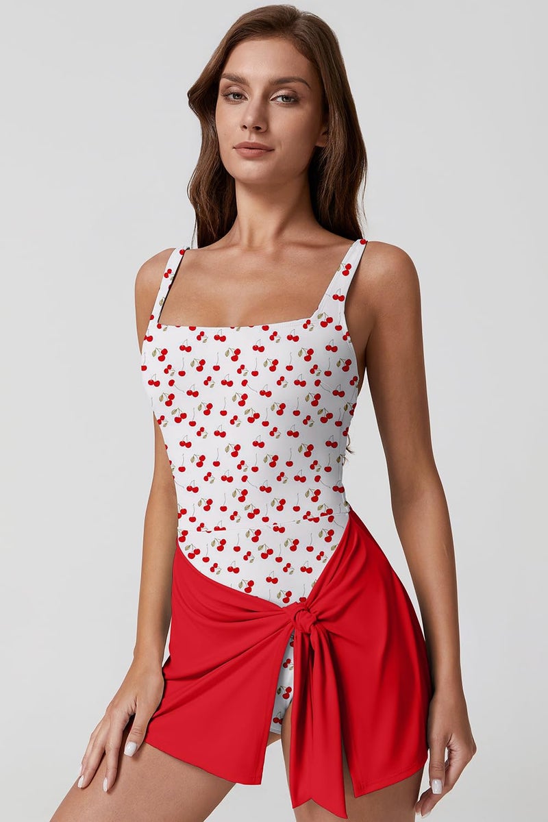 QINSEN Swimsuits for Women Square Neck Tummy Control One Piece Swimsuit High Waisted Bathing Suit Cheery&Red L - Image 3