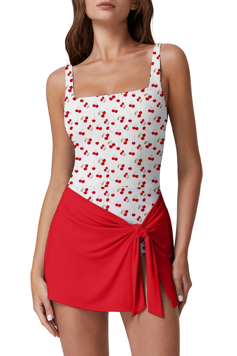 QINSEN Swimsuits for Women Square Neck Tummy Control One Piece Swimsuit High Waisted Bathing Suit Cheery&Red L - Image 1
