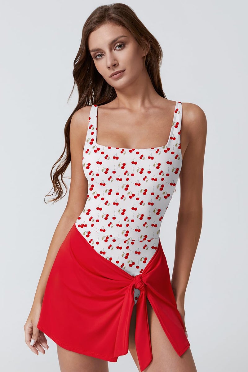 QINSEN Swimsuits for Women Square Neck Tummy Control One Piece Swimsuit High Waisted Bathing Suit Cheery&Red L - Image 5