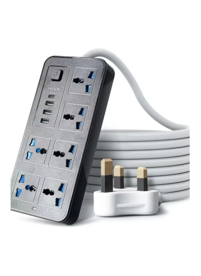 Generic Universal Extension Lead with Multiple Function UK Plug 3 Pin Socket Outlet with 6 Gang 3, USB Port 1 Type-C Port,1.8M Electric Socket Mains Strip for Home Kitchen and Office(Black)  - Image 1