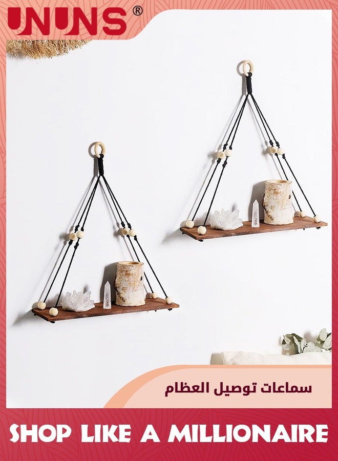 UNUNS 2 Pack Wooden Wall Hanging Shelves,Macrame Hanging Plant Shelf Boho,Handmade Rustic Hanger Planter Rack,Storage Floating Shelves - Image 1