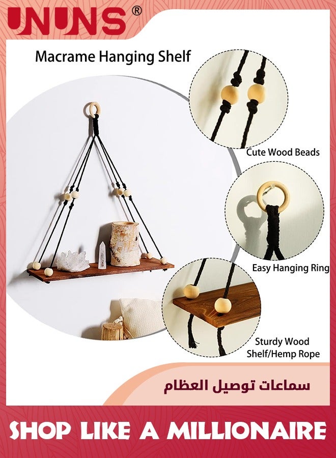 UNUNS 2 Pack Wooden Wall Hanging Shelves,Macrame Hanging Plant Shelf Boho,Handmade Rustic Hanger Planter Rack,Storage Floating Shelves - Image 3