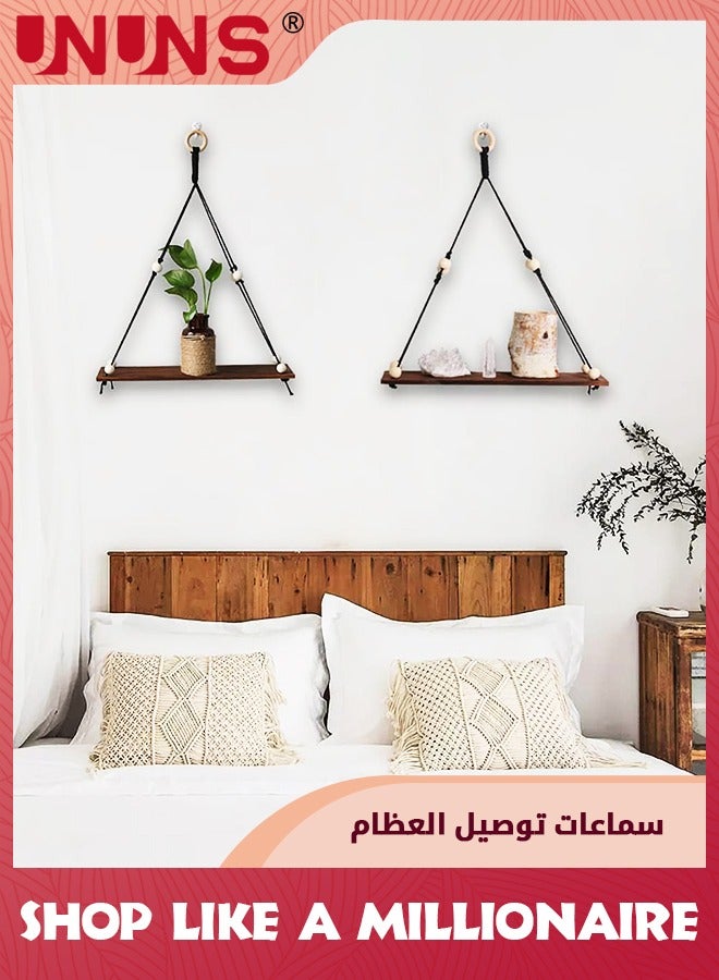 UNUNS 2 Pack Wooden Wall Hanging Shelves,Macrame Hanging Plant Shelf Boho,Handmade Rustic Hanger Planter Rack,Storage Floating Shelves - Image 4