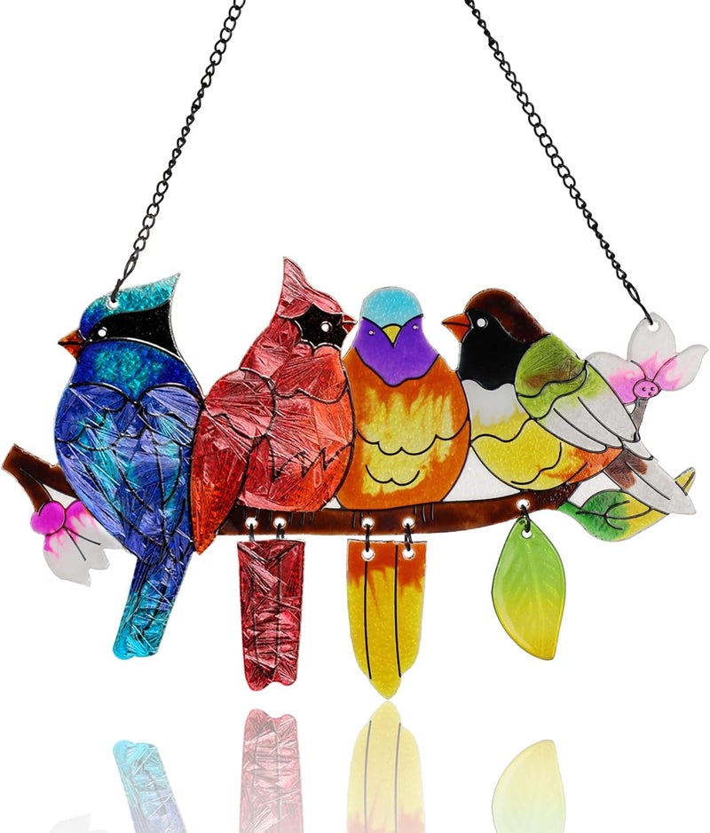 DASTOLL Stained Glass Window Hanging, Birds on A Branch Stain Glass Suncatcher, Hand-Painted Sun Catchers Indoor Window Decoration Bird Lover Gift for Mom, Grandma, Stocking Stuffers for Women - Image 1