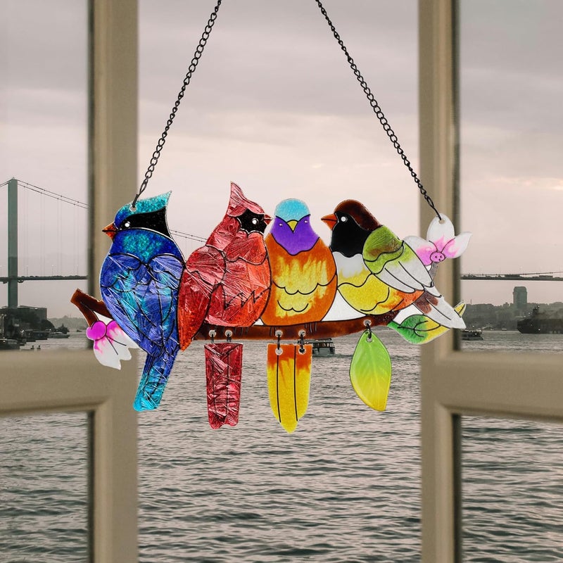 DASTOLL Stained Glass Window Hanging, Birds on A Branch Stain Glass Suncatcher, Hand-Painted Sun Catchers Indoor Window Decoration Bird Lover Gift for Mom, Grandma, Stocking Stuffers for Women - Image 2