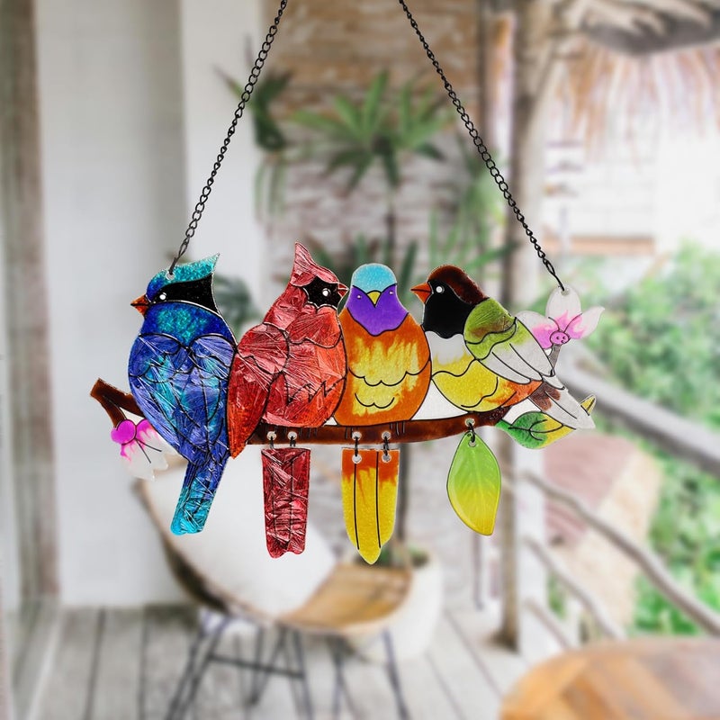 DASTOLL Stained Glass Window Hanging, Birds on A Branch Stain Glass Suncatcher, Hand-Painted Sun Catchers Indoor Window Decoration Bird Lover Gift for Mom, Grandma, Stocking Stuffers for Women - Image 4