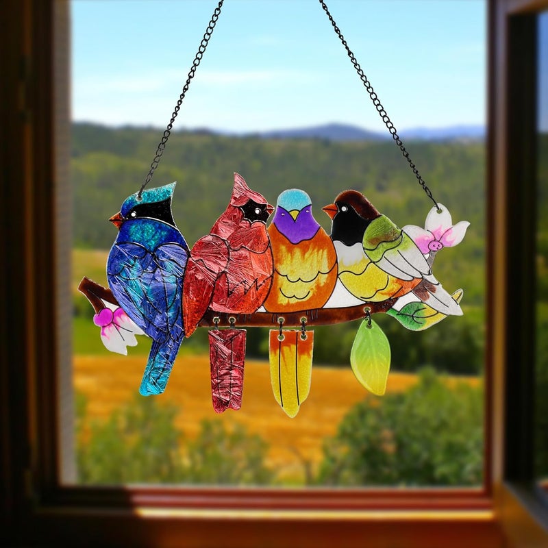 DASTOLL Stained Glass Window Hanging, Birds on A Branch Stain Glass Suncatcher, Hand-Painted Sun Catchers Indoor Window Decoration Bird Lover Gift for Mom, Grandma, Stocking Stuffers for Women - Image 5
