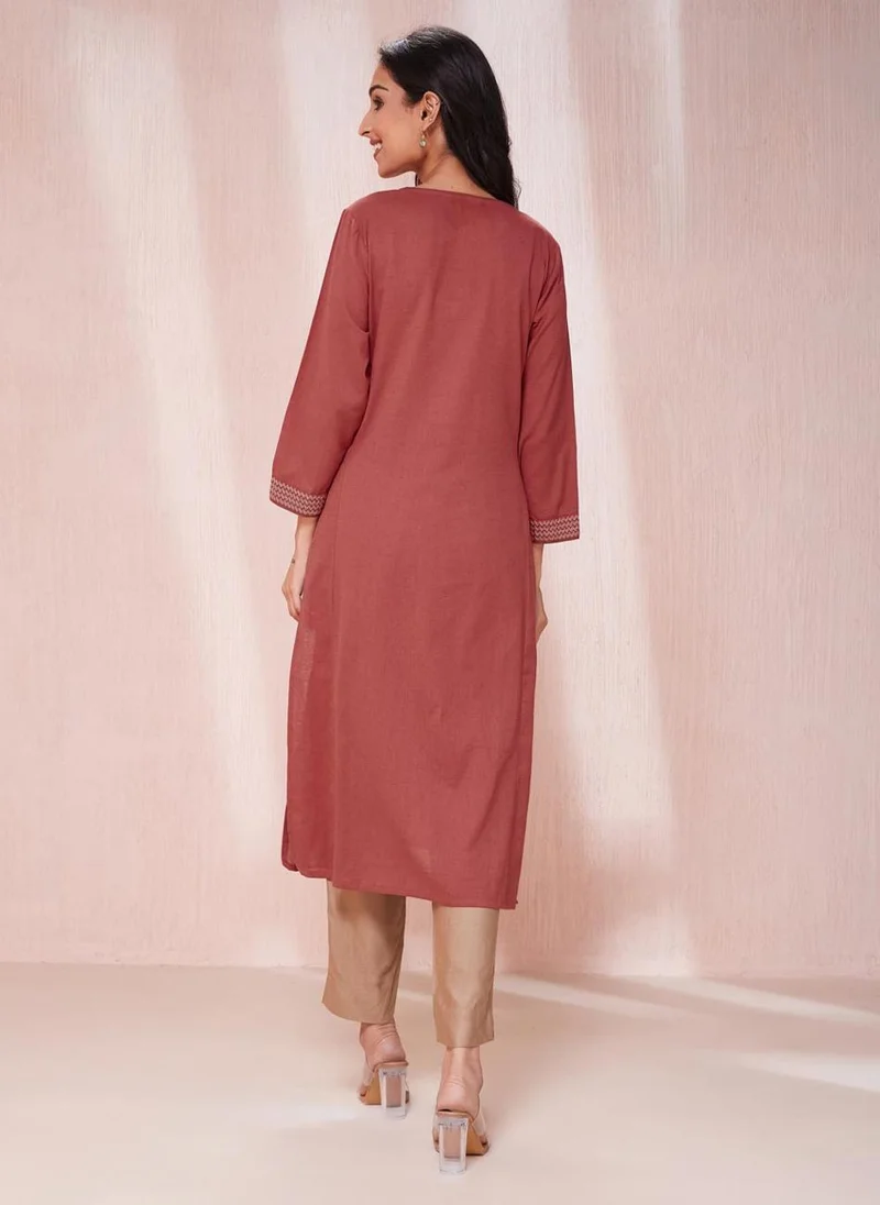 فاب انديا Pink Cotton Linen Slim Fit Long Kurta