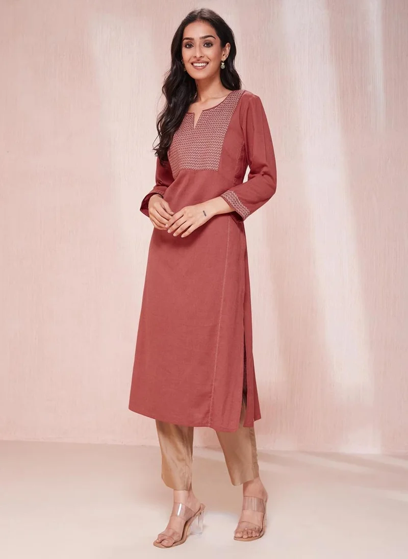 فاب انديا Pink Cotton Linen Slim Fit Long Kurta