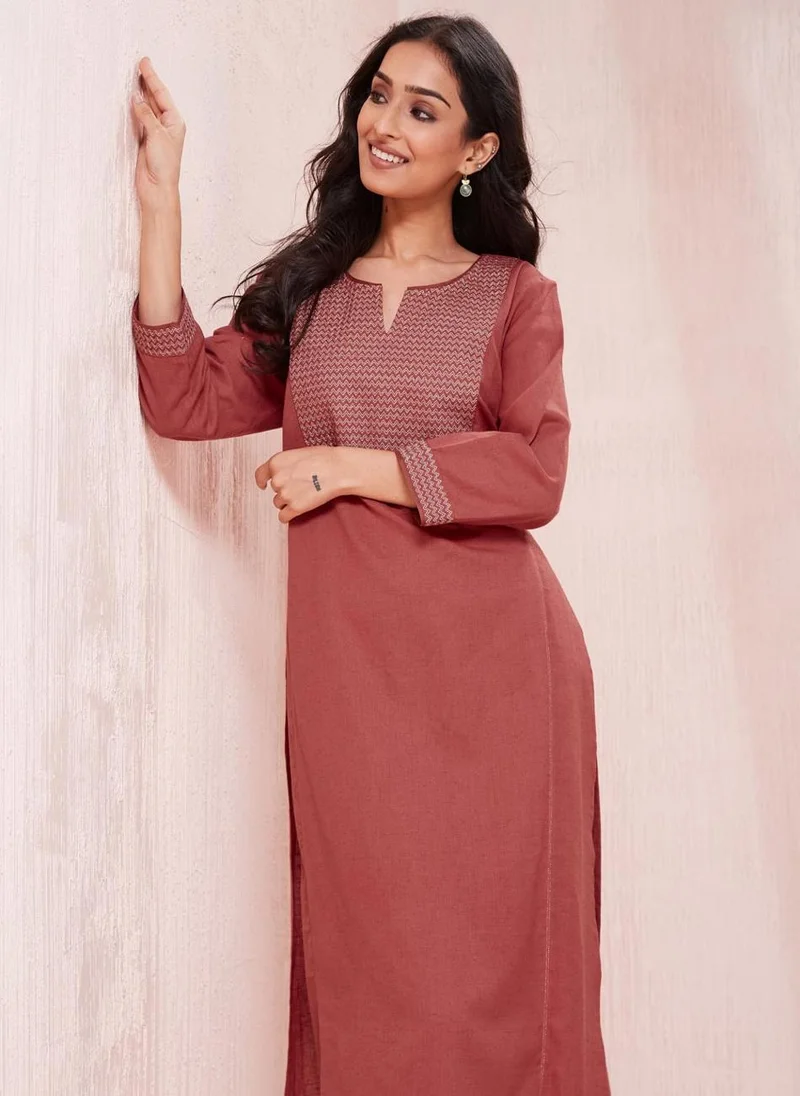 فاب انديا Pink Cotton Linen Slim Fit Long Kurta