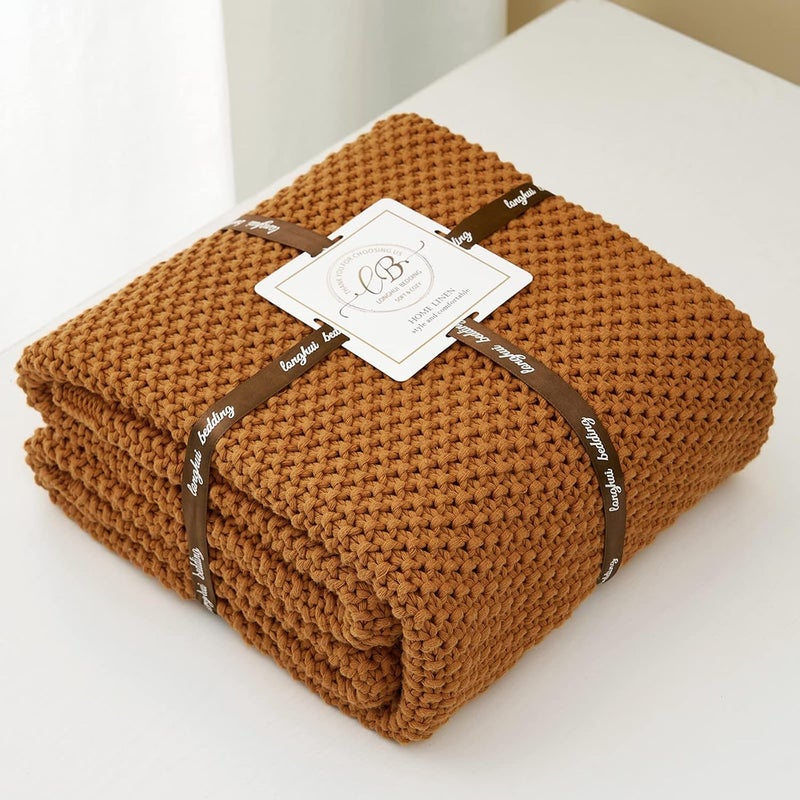 Longhui bedding لحاف منسوج بخيوط سميكة بلون برتقالي محمر، خفيف الوزن، من مادة القطن العضوي بنسبة 100%، مناسب للأريكة أو سرير الأطفال أو غرفة الرضع، يتناسب مع الطراز الريفي الأنيق والعصري، مقاس 60” × 80”， مع كيس للغسيل مرفق. - Image 4