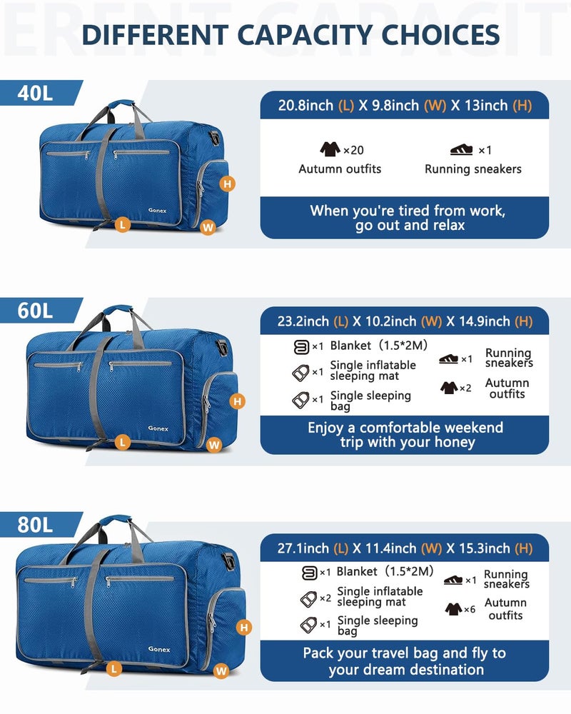 Gonex 40L Packable Travel Duffle Bag for Boarding Airline, Lightweight Foldable Gym Duffle Water Repellent & Tear Resistant Deep Blue - Image 2
