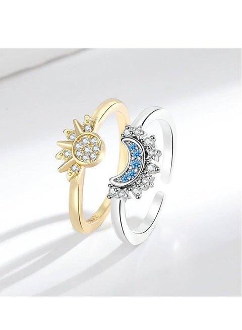 زوج من خواتم الشمس والقمر البسيطة الشخصية خواتم مكدسة بالألماس للرجال والنساء