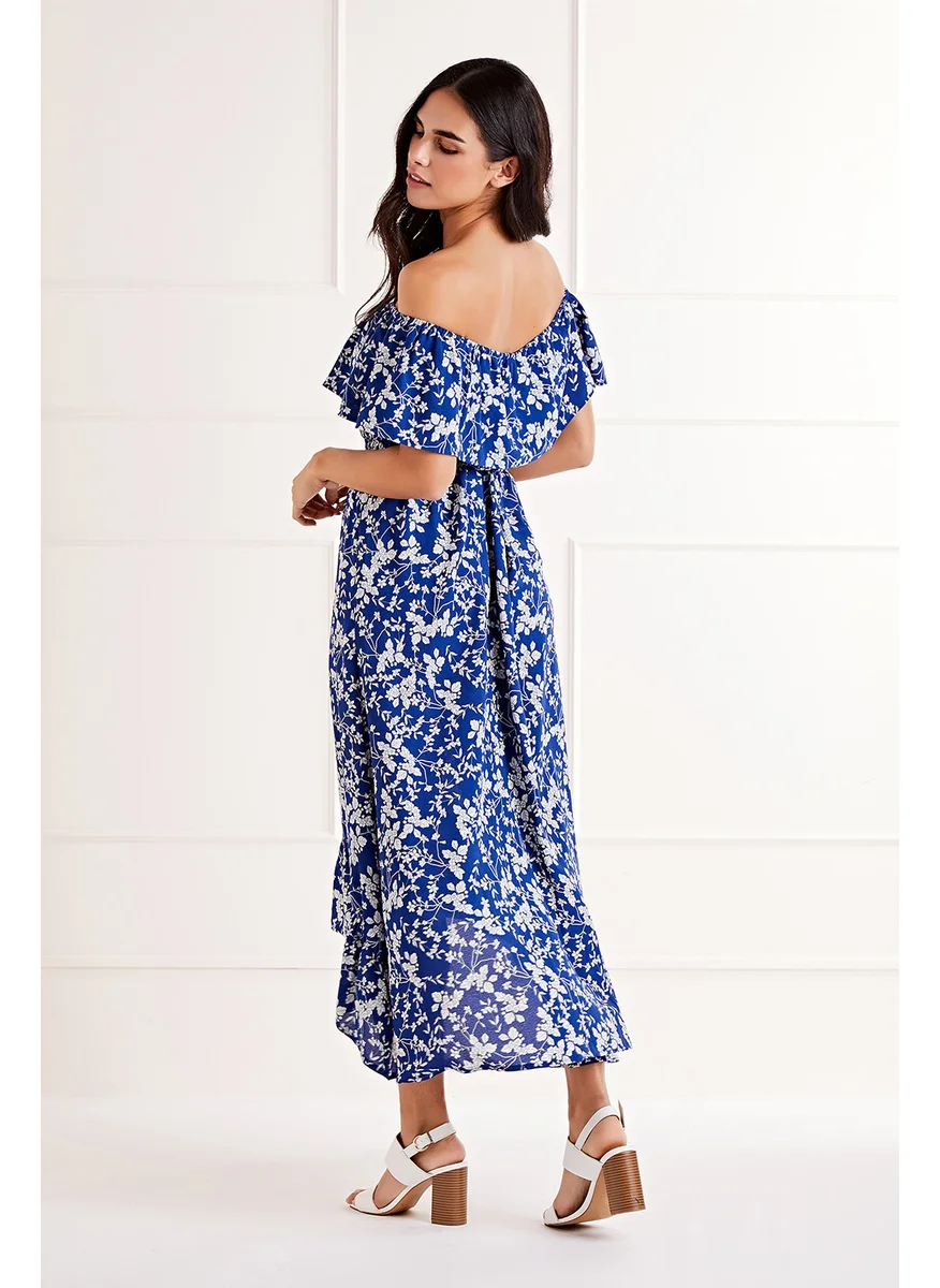 MELA LONDON Ditsy Print Bardot Dipped Hem Dress
