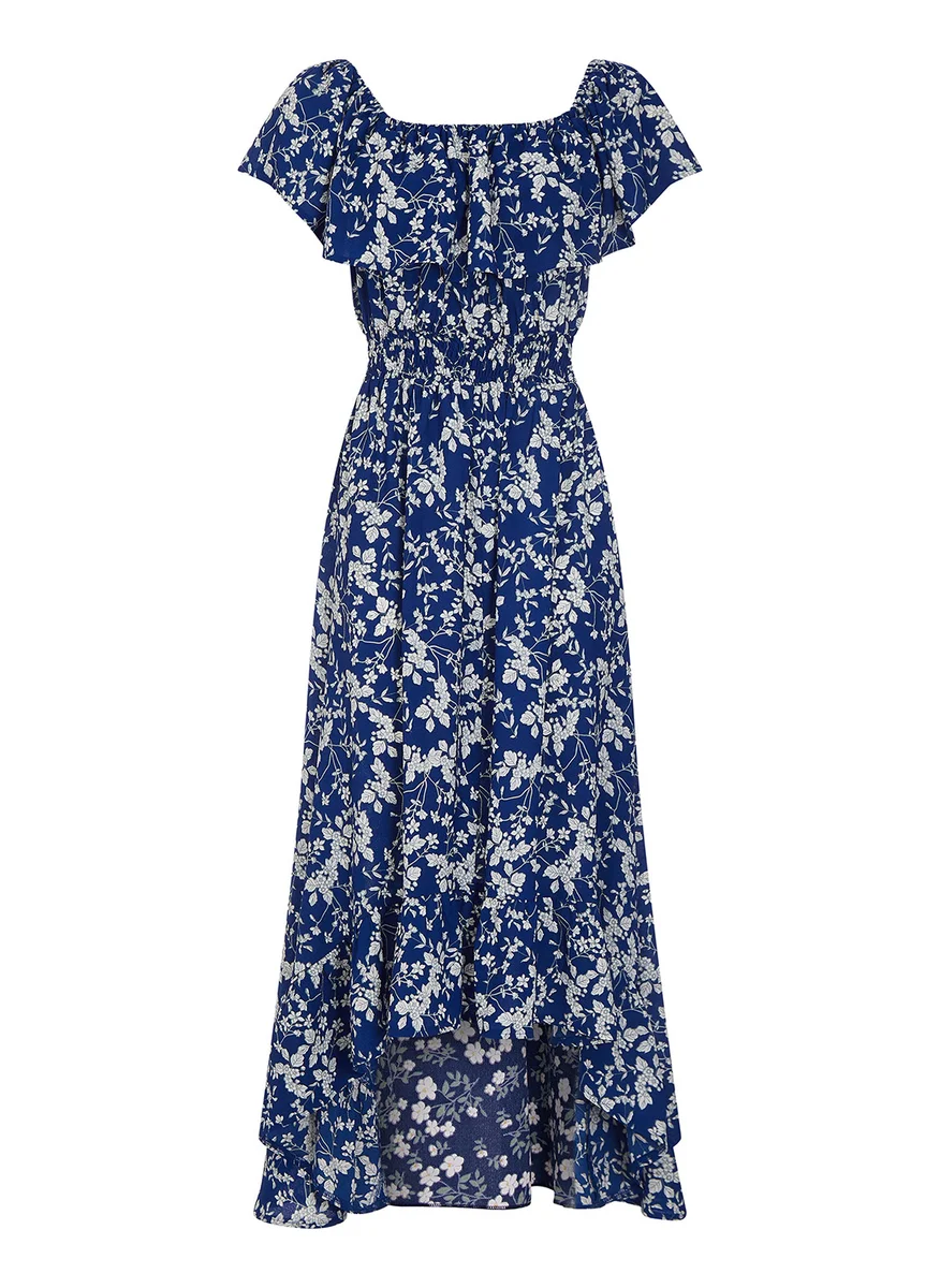 MELA LONDON Ditsy Print Bardot Dipped Hem Dress