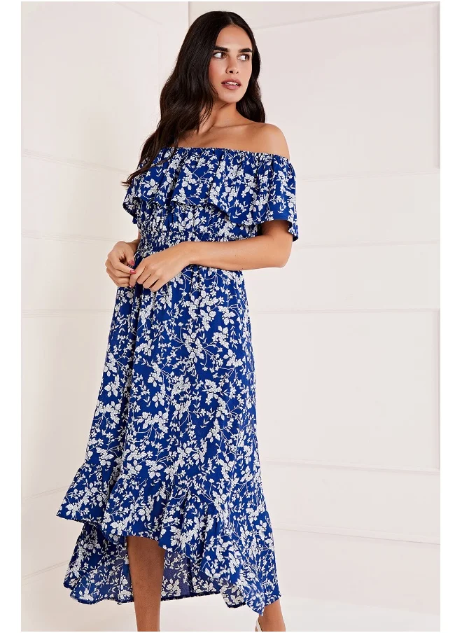 ميلا لندن Ditsy Print Bardot Dipped Hem Dress
