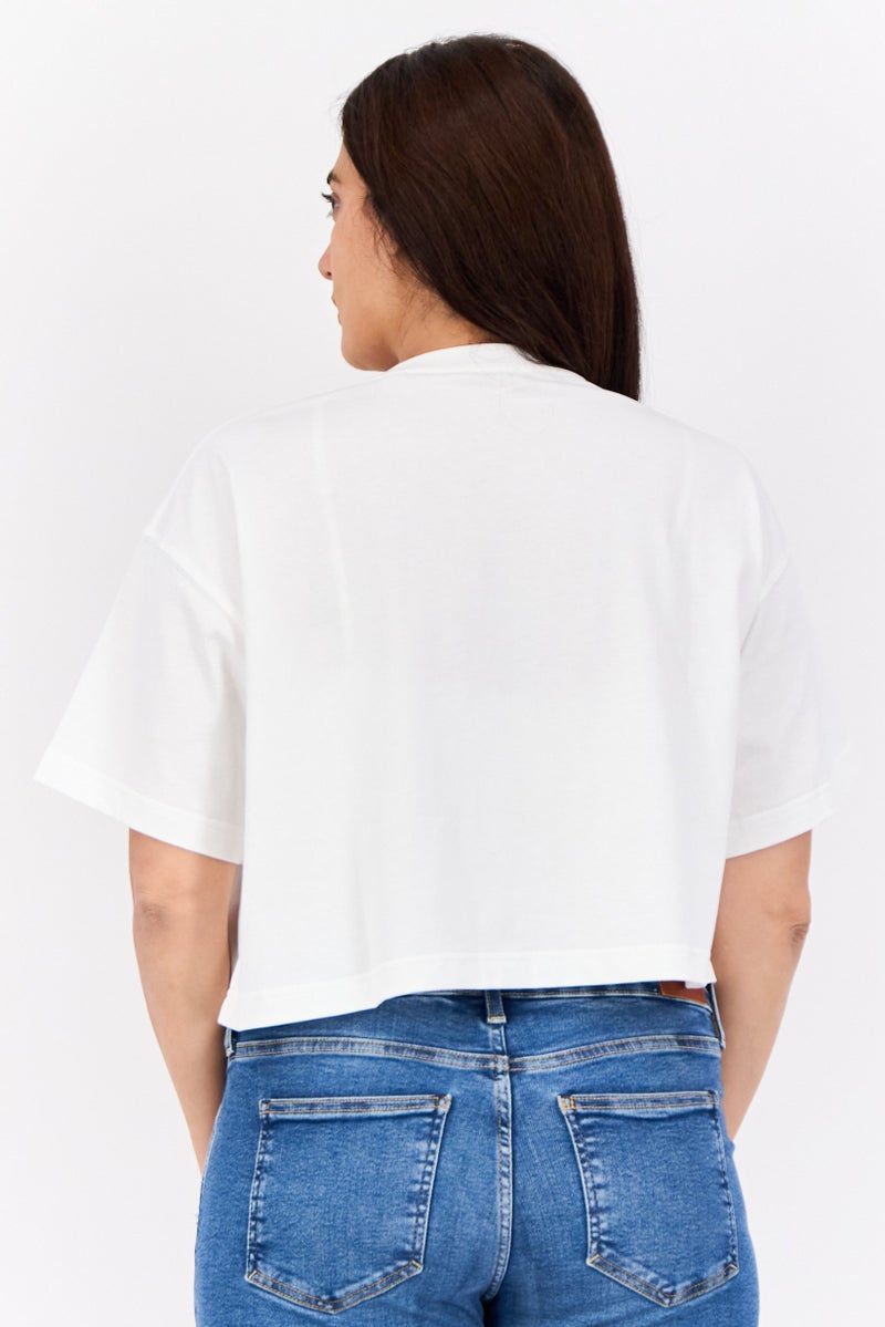 ESPRIT Women Crew Neck Short Sleeves Embroidered Cropped Tops, White - Image 3