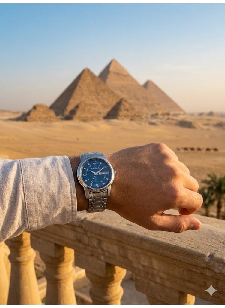 كارترز ساعة كارترز للرجال بميناء شمسي أزرق مع عرض اليوم والتاريخ وسوار من الستانلس ستيل - Image 2