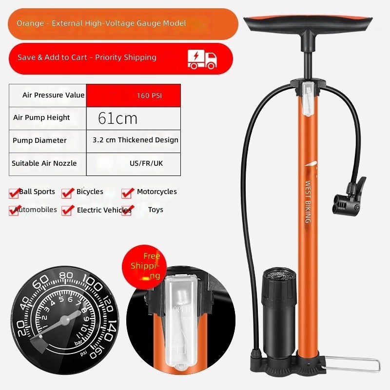 WEST BIKING High Pressure Air Pump for Bicycle, Car, Basketball, Electric Bike, Motorcycle - Portable Home Use, 160PSI, Aluminum Alloy, Presta/Schrader Valve