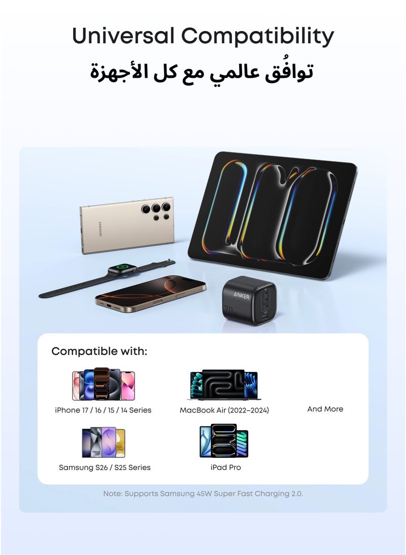 Anker Zolo 4-Port 70W Compact Fast USB-C Charger for Laptop, iPhone 17/16/15 Series, MacBook Air, iPad, Pixel, Samsung Galaxy 26/25, and More (6ft C Cable Included), Black - Image 4