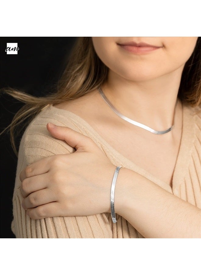 Amberta Women 925 Sterling Silver Flat Snake Bracelet: 4.5 mm Silver Herringbone Bracelet 8 inch - Image 1
