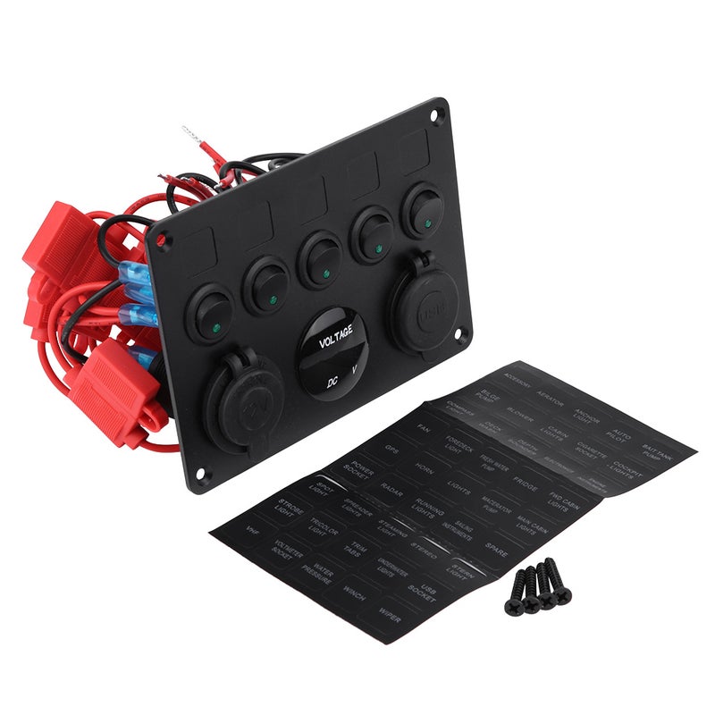 12-24V 5 Gang On/Off Toggle Switch Panel Dual USB Voltmeter for Car Boat Marine Truck Green LED - Image 1