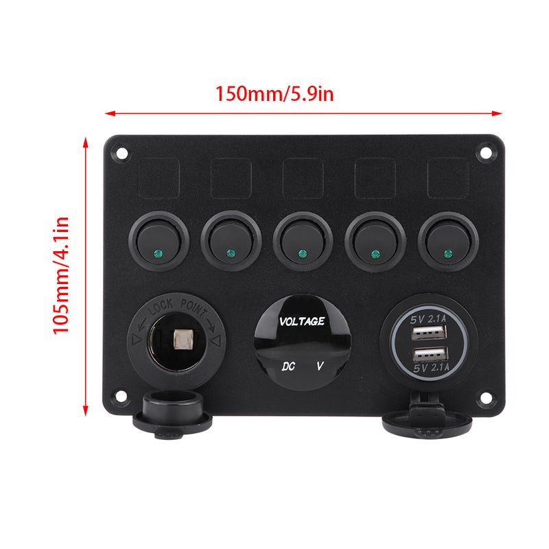 12-24V 5 Gang On/Off Toggle Switch Panel Dual USB Voltmeter for Car Boat Marine Truck Green LED - Image 2