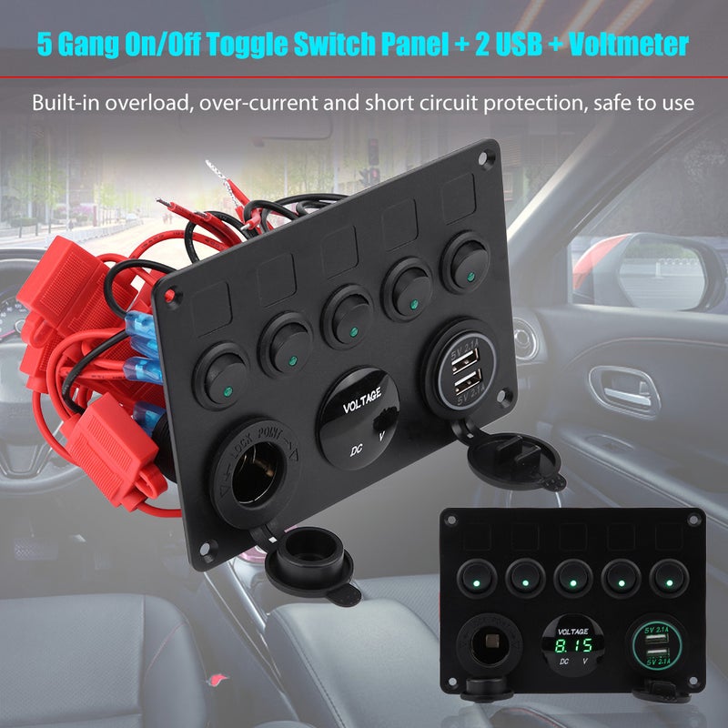 12-24V 5 Gang On/Off Toggle Switch Panel Dual USB Voltmeter for Car Boat Marine Truck Green LED - Image 5
