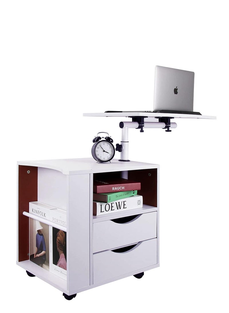 Generic Bedside Table Wooden Side Table Nightstand Movable Laptop Desk, Multifunction Storage Cabinet with Wheels Lifting Swivel Tray and Drawers for Bedroom Living Room Sofa (White)  - Image 1