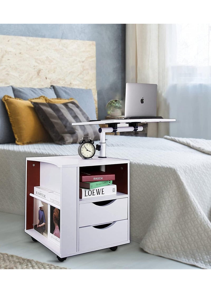 Generic Bedside Table Wooden Side Table Nightstand Movable Laptop Desk, Multifunction Storage Cabinet with Wheels Lifting Swivel Tray and Drawers for Bedroom Living Room Sofa (White)  - Image 2