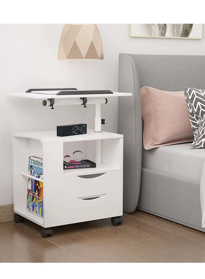 Generic Bedside Table Wooden Side Table Nightstand Movable Laptop Desk, Multifunction Storage Cabinet with Wheels Lifting Swivel Tray and Drawers for Bedroom Living Room Sofa (White)  - Image 3