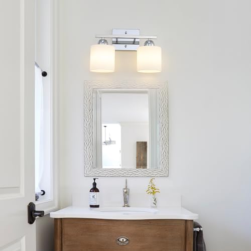 Mecgirn Stainless Steel Milk Glass Vanity Lights for Bathroom, 2 Light Chrome Bathroom Light Fixtures Over Mirror, Ceramic E26 Sockets Wall Mounted - Image 2