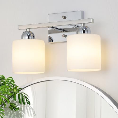 Mecgirn Stainless Steel Milk Glass Vanity Lights for Bathroom, 2 Light Chrome Bathroom Light Fixtures Over Mirror, Ceramic E26 Sockets Wall Mounted - Image 1