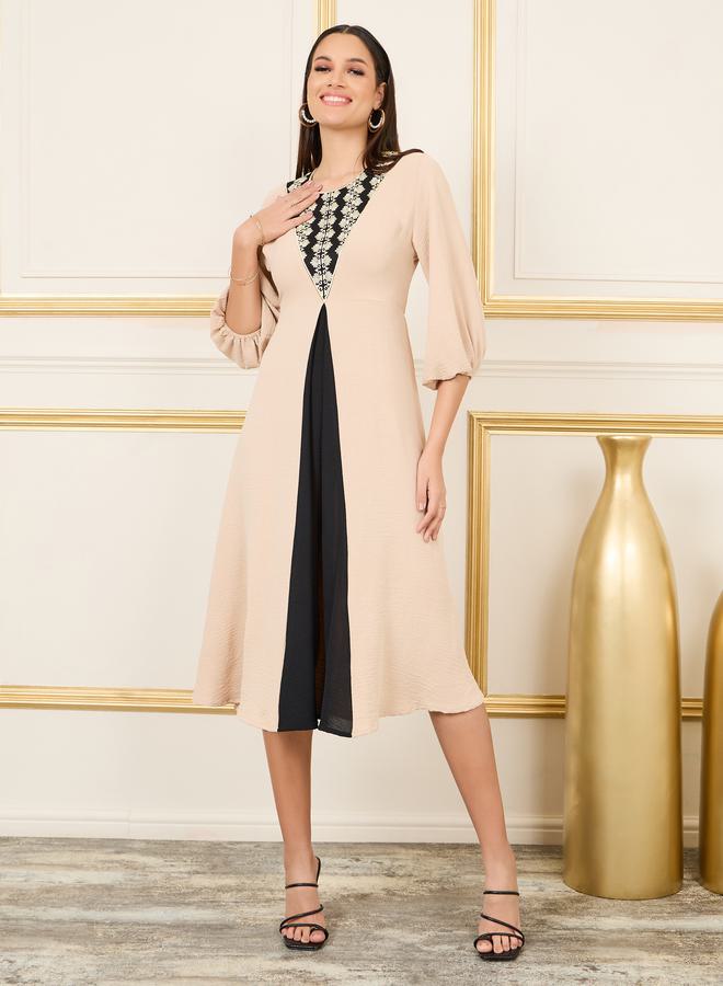 Styli Embroidered Colorblock A-Line Midi Dress